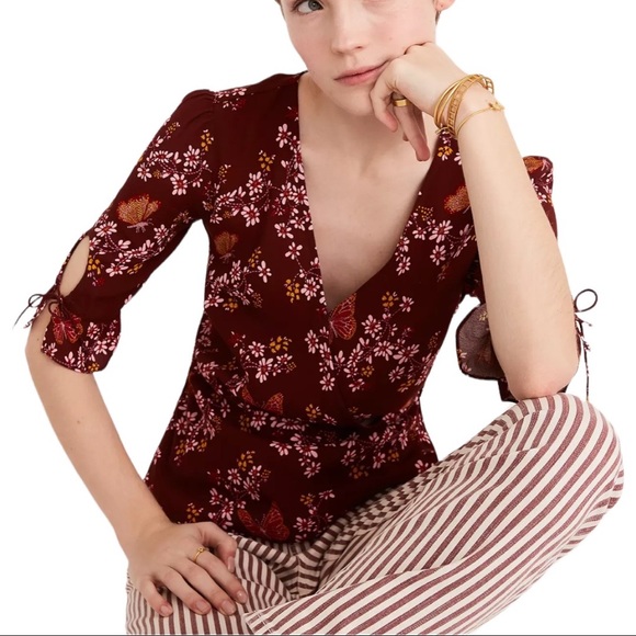 Madewell Tie-Sleeve Brick Red Wrap Top in Butterfly Sanctuary with Tie Sleeves - Picture 1 of 16